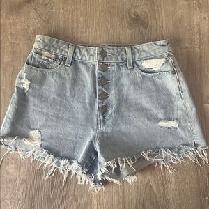 PAIGE Light Blue Distressed Jean Shorts